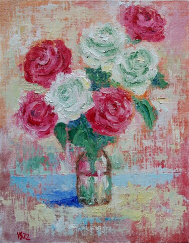 Peinture intitulée "Fresh Roses, origin…" par Juri Semjonov, Œuvre d'art originale, Huile Monté sur Carton