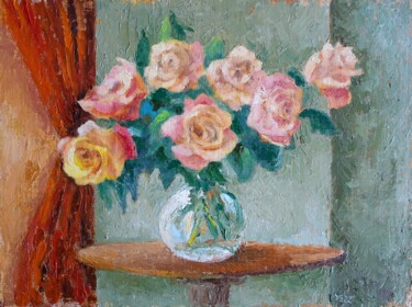 Painting titled "Cream Roses, origin…" by Juri Semjonov, Original Artwork, Oil Mounted on Cardboard