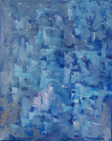 Schilderij getiteld "Blue Impression" door Juri Semjonov, Origineel Kunstwerk, Olie Gemonteerd op Frame voor houten brancard