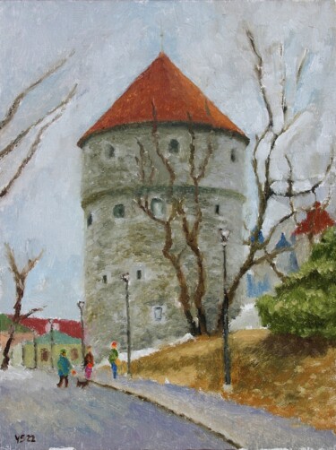 Картина под названием "Old Tallinn Kiek In…" - Juri Semjonov, Подлинное произведение искусства, Масло Установлен на картон