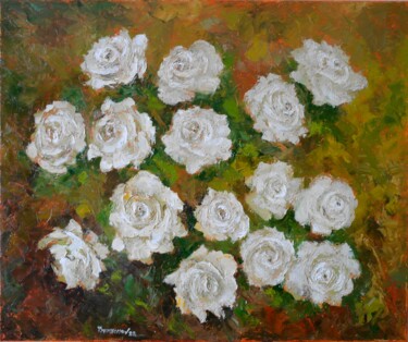 Painting titled "White Wild Roses" by Juri Semjonov, Original Artwork, Oil