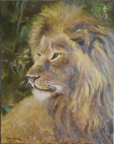 Schilderij getiteld "Lion, the King" door Juri Semjonov, Origineel Kunstwerk, Olie Gemonteerd op Frame voor houten brancard