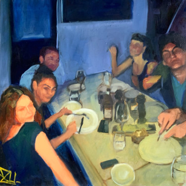 Painting titled "The Dinner II" by Justine Lemaire, Original Artwork, Oil Mounted on Wood Stretcher frame
