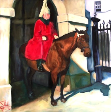 Schilderij getiteld "Horse Guard" door Justine Lemaire, Origineel Kunstwerk, Olie Gemonteerd op Frame voor houten brancard