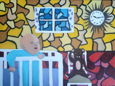 Painting titled "baby in crib" by Justin Myers, Original Artwork, Oil