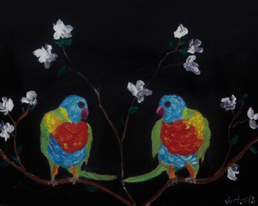 Peinture intitulée "parrots" par Justin Myers, Œuvre d'art originale, Huile