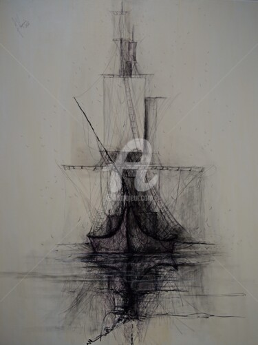 Tekening getiteld "Mist 05" door Justyna Kopania, Origineel Kunstwerk, Balpen Gemonteerd op Frame voor houten brancard