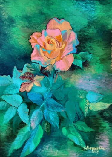 Malarstwo zatytułowany „Róża z naszego ogro…” autorstwa Justyna Kurczewska, Oryginalna praca, Olej