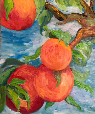 Painting titled "Peach’s tree" by Kseniia Sher Kseniya Scher, Original Artwork, Oil Mounted on Wood Stretcher frame