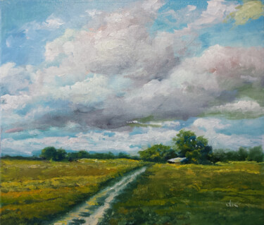 Painting titled "Route du village da…" by David Kabulashvili, Original Artwork, Oil