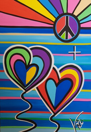Schilderij getiteld "Peace and love" door Kaël, Origineel Kunstwerk, Acryl Gemonteerd op Frame voor houten brancard