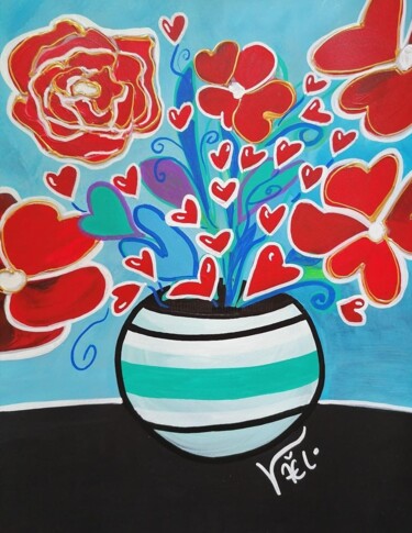 Painting titled "Les fleurs de l'amo…" by Kaël, Original Artwork, Acrylic Mounted on Wood Panel