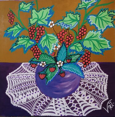 Painting titled "Groseilles et frais…" by Kaël, Original Artwork, Acrylic Mounted on Wood Stretcher frame