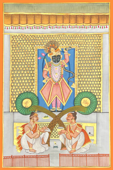 Malerei mit dem Titel "Krishna With Priest…" von Kailesh Jee, Original-Kunstwerk, Aquarell
