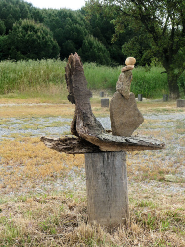 Sculptuur getiteld "Stone balancing sur…" door Kalizae, Origineel Kunstwerk, Hout