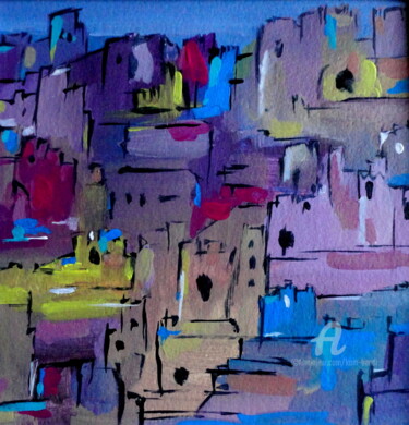 Peinture intitulée "Ksar nocturne" par Kam Bendi, Œuvre d'art originale, Aquarelle Monté sur Carton