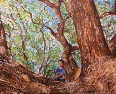 Pittura intitolato "The boy and the tree" da Kamala Phonphibsvads, Opera d'arte originale, Acrilico Montato su Telaio per ba…