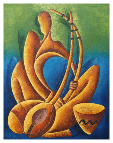 Painting titled "“Joueur de cora”" by Kamba Mukeke, Original Artwork, Acrylic Mounted on Wood Stretcher frame