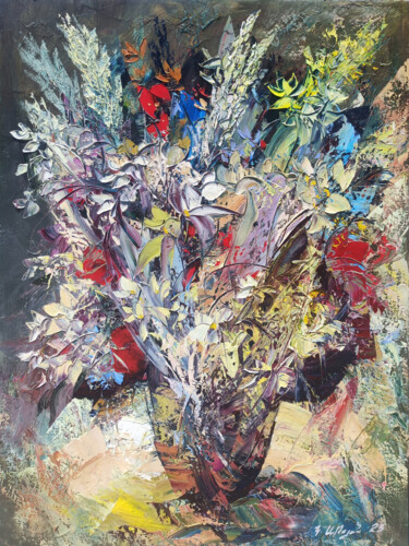 Painting titled "Abstract flowers (6…" by Kamo Atoyan, Original Artwork, Oil Mounted on Wood Stretcher frame
