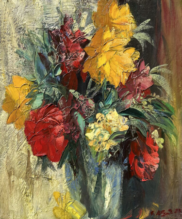 Картина под названием "Textured flowers in…" - Kamo Atoyan, Подлинное произведение искусства, Масло Установлен на Деревянная…