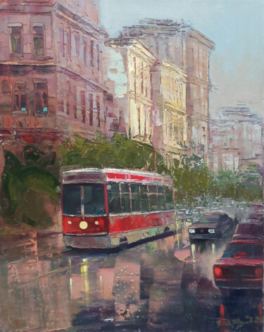 Painting titled "Red tram" by Kamo Atoyan, Original Artwork, Oil Mounted on Wood Stretcher frame
