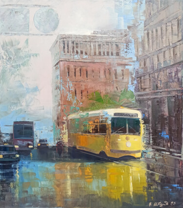 Painting titled "Yellow tram" by Kamo Atoyan, Original Artwork, Oil Mounted on Wood Stretcher frame