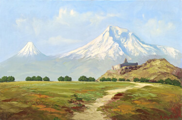Painting titled "Landscape - Ararat" by Kamo Atoyan, Original Artwork, Oil Mounted on Wood Stretcher frame