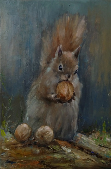 Painting titled "Squirrel (28x42cm,…" by Kamsar Ohanyan, Original Artwork, Oil Mounted on Wood Stretcher frame