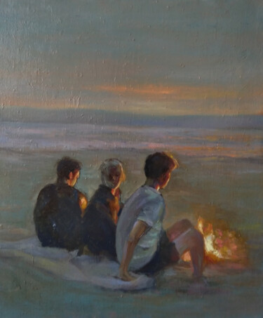 Painting titled "Winter on the beach…" by Kamsar Ohanyan, Original Artwork, Oil Mounted on Wood Stretcher frame