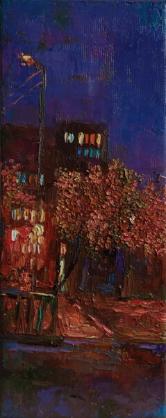 Painting titled "Night cityscape" by Kamsar Ohanyan, Original Artwork, Oil Mounted on Wood Stretcher frame