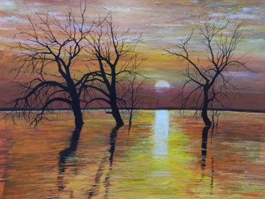 Painting titled "Sunset lake" by Kanat Mks, Original Artwork, Acrylic
