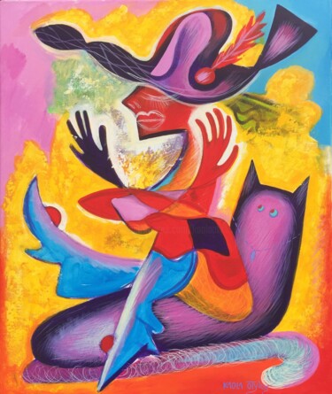Malarstwo zatytułowany „Lady with violet cat” autorstwa Kaola Oty, Oryginalna praca, Akryl