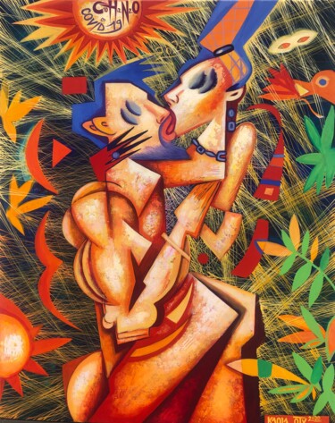 Malerei mit dem Titel "Kissing in Covid Ti…" von Kaola Oty, Original-Kunstwerk, Acryl