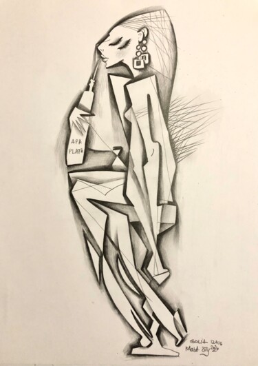 Drawing titled "Lady with light Aqua" by Kaola Oty, Original Artwork, Pencil