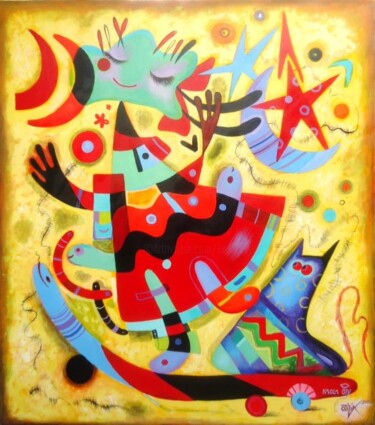 Malarstwo zatytułowany „Girl with cat on th…” autorstwa Kaola Oty, Oryginalna praca, Olej