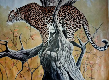Schilderij getiteld "Leopard's Perch" door Kapila Priyantha, Origineel Kunstwerk, Acryl