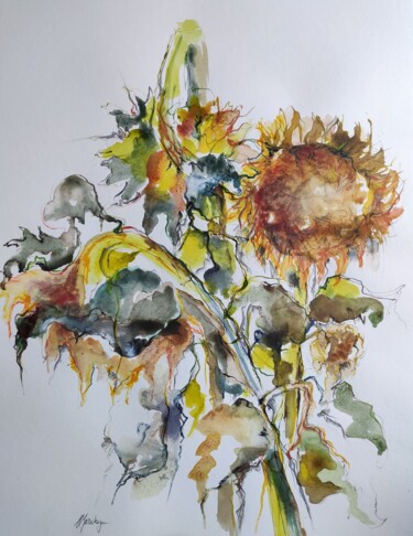 Peinture intitulée "Tournesols" par Eliane Karakaya, Œuvre d'art originale, Aquarelle Monté sur Carton