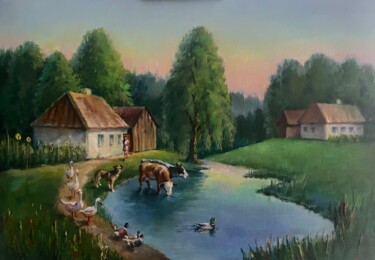 Painting titled "House in the village" by Karas Gleb, Original Artwork, Oil