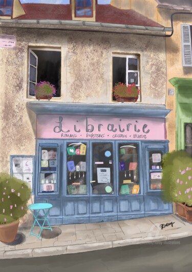 Digitale Kunst mit dem Titel "La librairie des an…" von Karay Illustrations, Original-Kunstwerk, Digitale Malerei