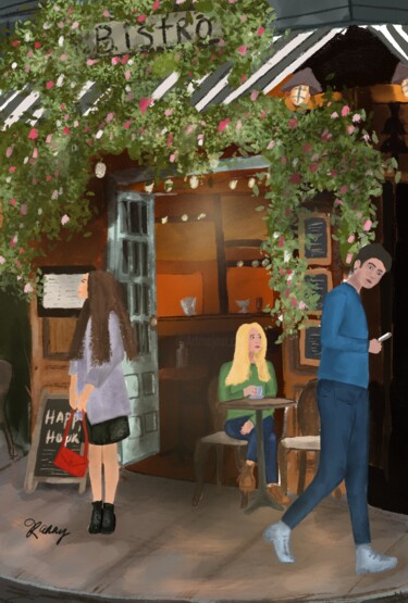 Digital Arts titled "Bistro à Paris" by Karay Illustrations, Original Artwork, Digital Painting