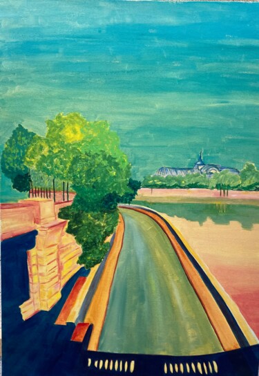 Painting titled "Quai de Seine" by Karen Dutoit Verbeke, Original Artwork, Acrylic Mounted on Wood Stretcher frame