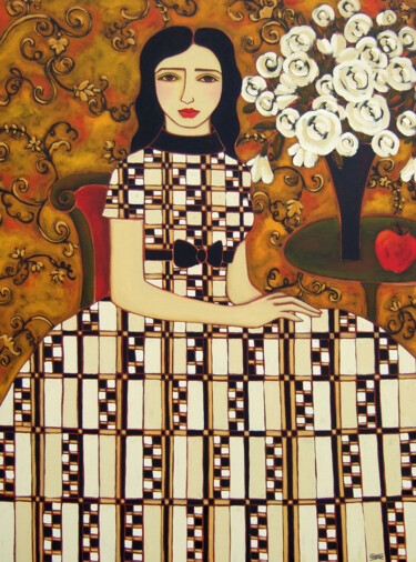 제목이 "Woman with Ivory Ro…"인 미술작품 Karen Rieger로, 원작, 기름 나무 들것 프레임에 장착됨