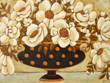 Painting titled "Ivory Peonies" by Karen Rieger, Original Artwork, Oil Mounted on Wood Stretcher frame