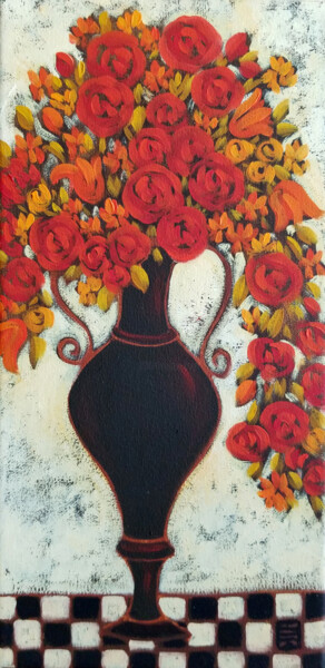 Painting titled "Tulips & Roses with…" by Karen Rieger, Original Artwork, Oil Mounted on Wood Stretcher frame