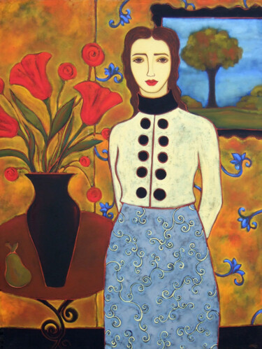 Schilderij getiteld "Woman with Tulips &…" door Karen Rieger, Origineel Kunstwerk, Olie Gemonteerd op Frame voor houten bran…