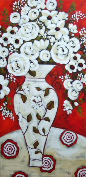 Painting titled "Red and White" by Karen Rieger, Original Artwork, Acrylic Mounted on Wood Stretcher frame