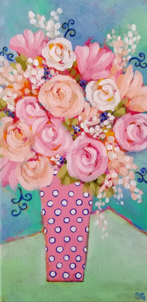 Painting titled "Pink Says Hello" by Karen Rieger, Original Artwork, Acrylic Mounted on Wood Stretcher frame