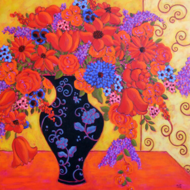 Картина под названием "Lilac and Tulips" - Karen Rieger, Подлинное произведение искусства, Акрил Установлен на Деревянная ра…
