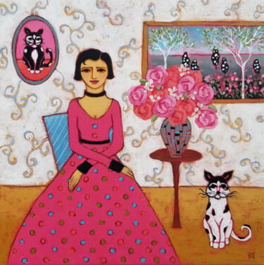 Painting titled "Woman in Pink Gown…" by Karen Rieger, Original Artwork, Acrylic Mounted on Wood Stretcher frame