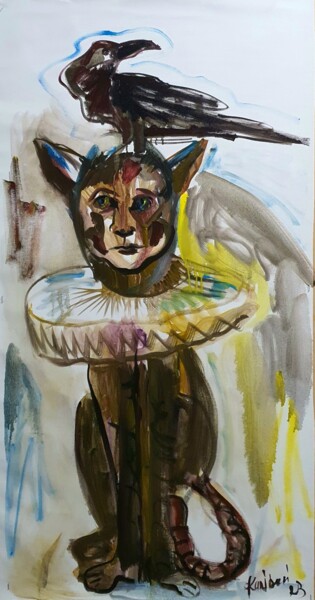 Schilderij getiteld "Rabe und Kater" door Karibou Artist, Origineel Kunstwerk, Olie